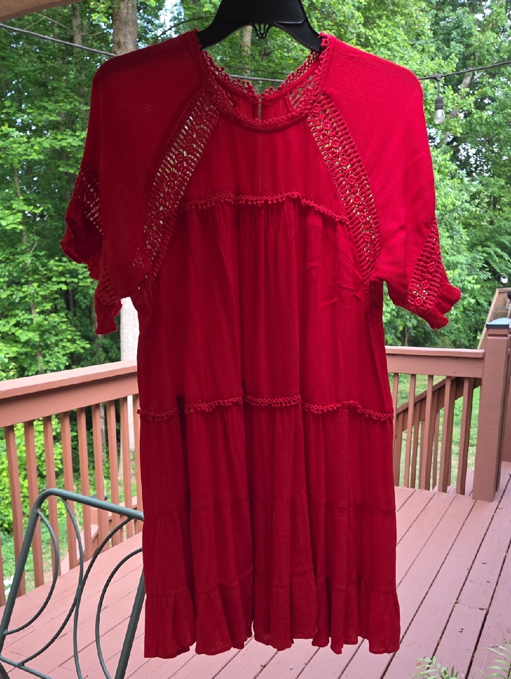 Patrons of Peace Red Tiered Crochet-Trim Mini Dress